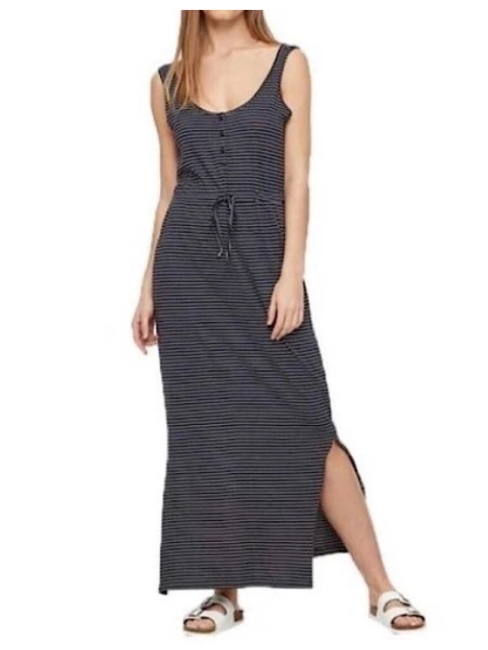 Vero Moda Navy and White Organic Cotton Striped Maxi Tank Dress with Side Slits